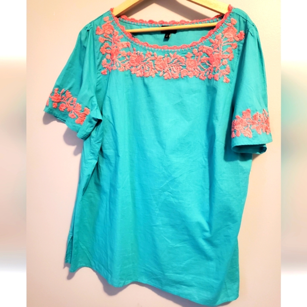 TALBOTS Pink Green  EMBROIDERED COTTON TEE BLOUSE  Sz 1X SHORT SLEEVE